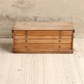 Antique Typeface Drawer: A hand-made antique typeface drawer. This unit features five drawers, dove-tail construction, and hand -forged handles.