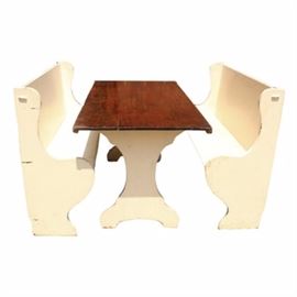 Booth Style Dining Table And Benches: A vintage restaurant booth. This farmhouse style set features a long, picnic style tables, with tall back benches.