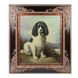 Original Oil Painting Portrait of a Spaniel: An original oil painting on canvas, featuring a portrait of a spaniel. The painting depicts a black and white spaniel dog, seated on a path running alongside a lake, with mountains in the distance. It is signed to the lower left “Simmons”, and is presented with an ornate black painted frame, with carved and gilded raised corner motifs. Ready to hang. Included with the painting is a Prestige Arts certificate of authenticity, numbered 69617, declaring this to be an original, one-of-a-kind oil painting.