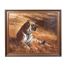 James Faulkner Oil Painting "Lord of Night": An original oil painting on canvas, titled Lord of Night_, by artist James Faulkner. The painting depicts a reclining tiger, with head up, surveying his domain from atop a steep hill covered with russet grasses. The painting is signed to the lower right “Faulkner”, and is also hand-written to the back by the artist, "_Lord of Night by James Faulkner – Based on photo by B. Coleman & P. Jackson". The painting is presented in a stained and gilded wood frame with a hanging wire.