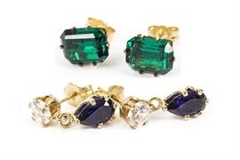 Gold Filled Earrings with Synthetic Sapphires, Synthetic Emeralds, and CZ: A group of two pairs of gold-filled earrings with synthetic gemstones in prong settings.