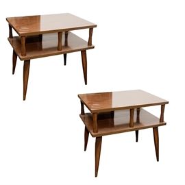 Pair of Mid Century Modern Birdcage End Tables: A pair of Mid Century Modern end tables. The end tables feature rectangular table tops resting on a birdcage of hourglass turned posts, three to each long end, above a second table surface. The end tables are supported by four tapered, splayed legs with brass capped ends.