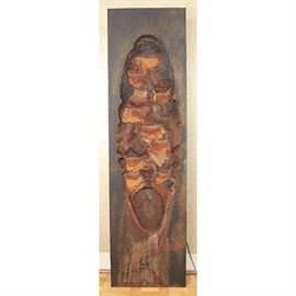 Bruce Cushman Water Feature: A Bruce Cushman water feature. This large water feature consists of metal and iron and has a rectangular shape with a textured design. The water feature has a patina and rust finish.