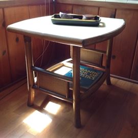 Mid Century Rattan End Table with Laminate Top