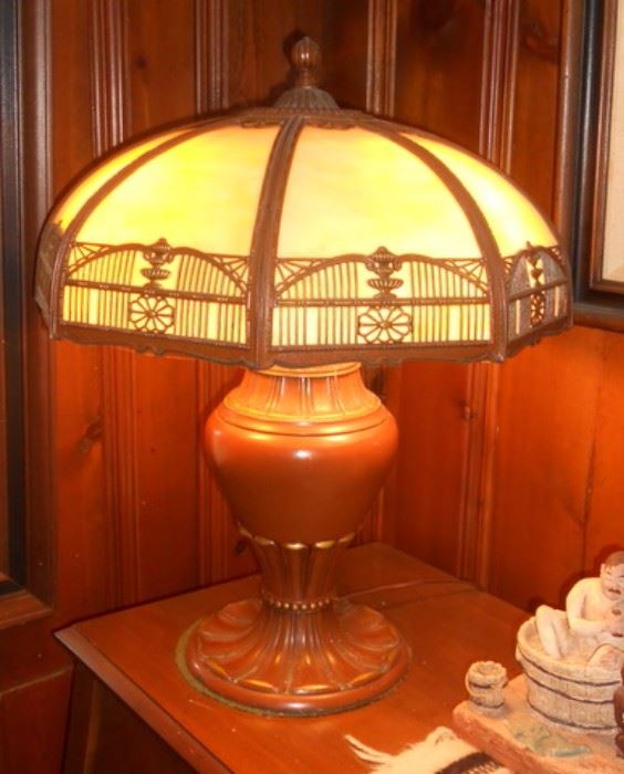 Slag Glass Lamp with nice wide Arts & Crafts base