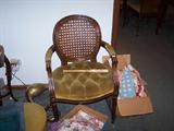 CANED-BACK CHAIR & BOXES OF LINENS