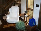 WHITE WING CHAIR & INLAID TABLE
