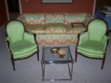 MEYER-GUNTHER-MARTINI CHAIRS, FLAME-STITCH SOFA & COCKTAIL TABLE