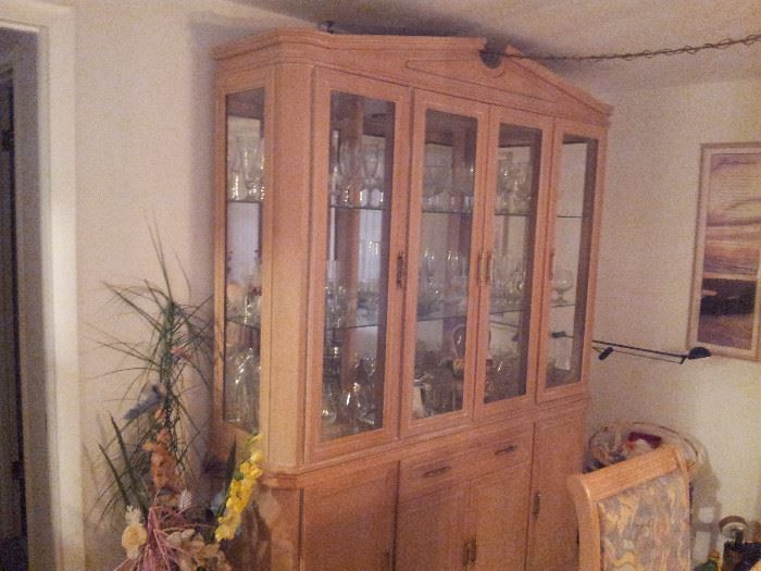 Lovely 3 shelf China Cabinet with 9 doors/ drawers Lighted Bridge Also full array of Glassware, Crystal, Silver and Fine China Set