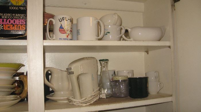 Hand Mixer, coffee mugs, saucers, bowls..