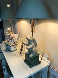 Carved wood bunny lamps