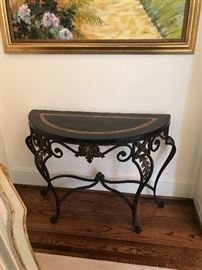 Pair marbletop iron base demilunes