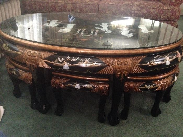Chinese Lacquered Table w/ 4 Stools