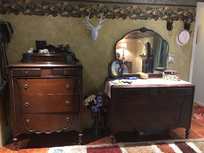 Antique dresser and chest of drawers and headboard and foot board Chester drawers has a lovely glove drawer at the top