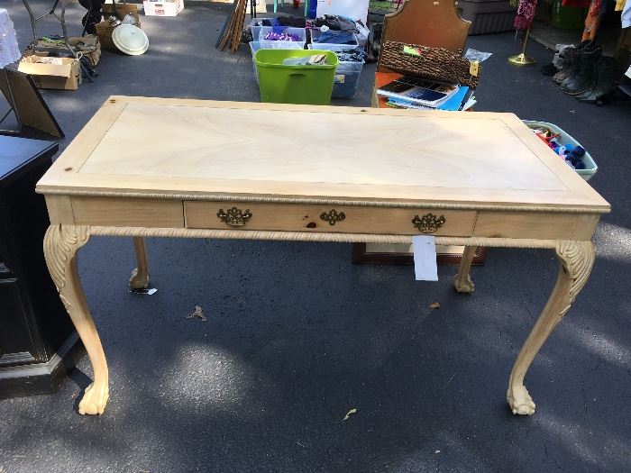  Beautiful white pine writing desk has handcarved legs and ball and claw feet it has an oak  insert  design on top.