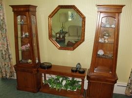 Pair of Solid Wood Curio Cabinets, Matching Side Table, Mirror~decor