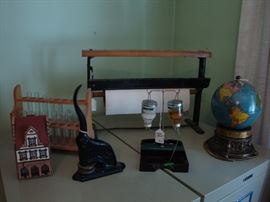 Vintage Buhman Paper Cutter~Martini Pickline~Sun Pattern Co. Toledo, Ohio Seal Stamp~Antique Table Top World Globe/Clock~Hand Made Apotheke~Glass Test Tubes 