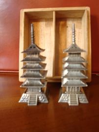 STERLING SILVER 950 Pagoda Salt & Pepper Shakers w/ Wood Box