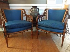 PAIR of MCM Italian walnut frame, silk upholstered armchairs. They're HOT!