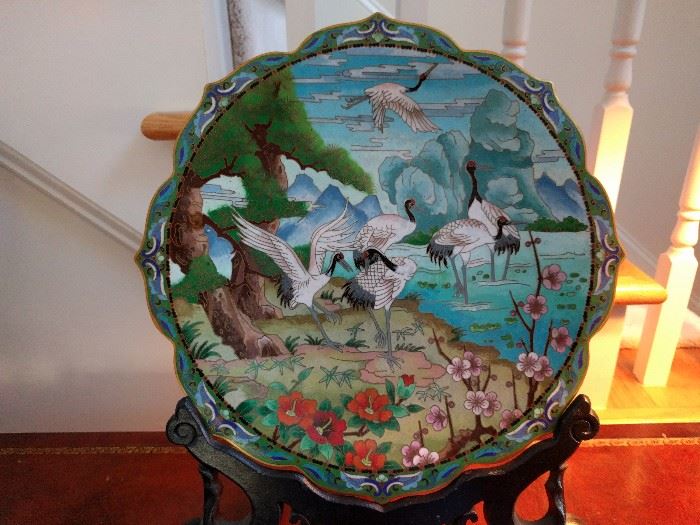 Stunning (really) cloisonné plate, on fitted wooden stand. 