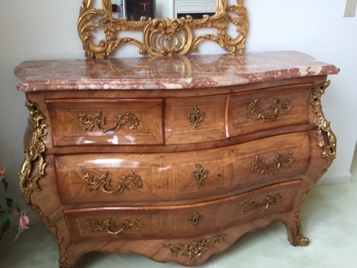 Beautiful Rosewood Rococo style chest of drawers with marble top- matching pair!