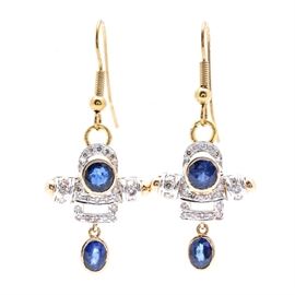 18K White and Yellow Gold 2.55 CTW Sapphire and Diamond Dangle Earrings