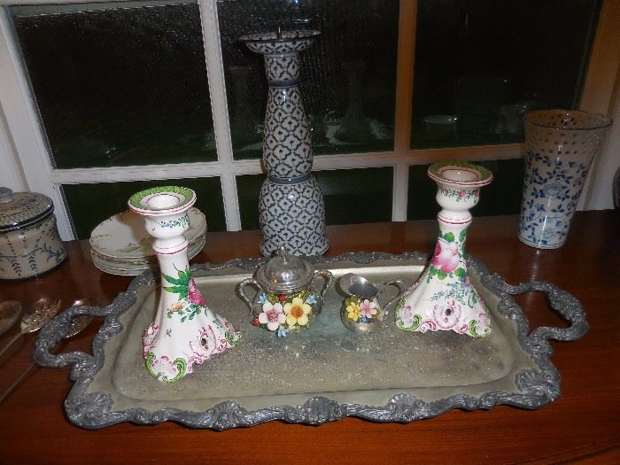 Vintage Ornate Silver Plate Double Handle Tray. Pair of Hand Painted Candlesticks (France)