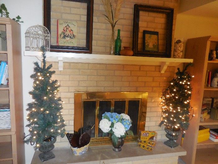 Lighted Small Christmas Trees. Vintage Mahogany Frames. Decor