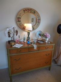 Vintage Birds Eye Maple, Hand Painted 4 Drawer Chest. Hand Painted Mirror.