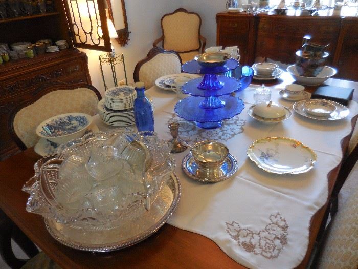 Vintage Glass Punch Bowl/Cups/ Silver Plate Ladle. Cobalt Blue 3 Free Cake Stands