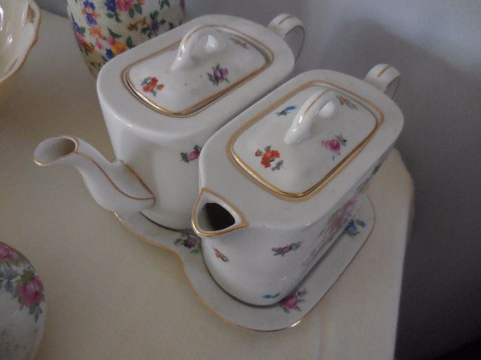 MZ Czech Hand Painted Double Tea Pots with Under Plate