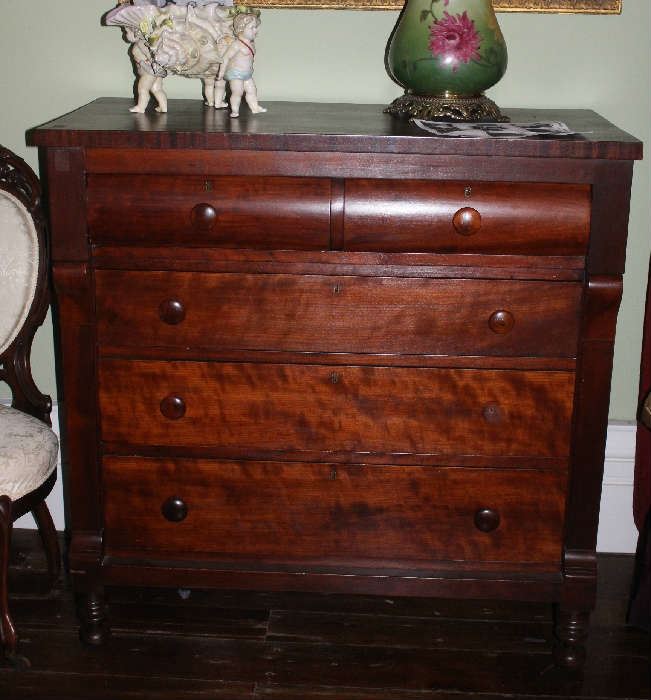 39 - Mahogany Empire 5 drawer chest with original wood pulls, furnishings from Adams French Mansion in Aberdeen, MS, 43 in. T, 43 in. W, 21 in. D.