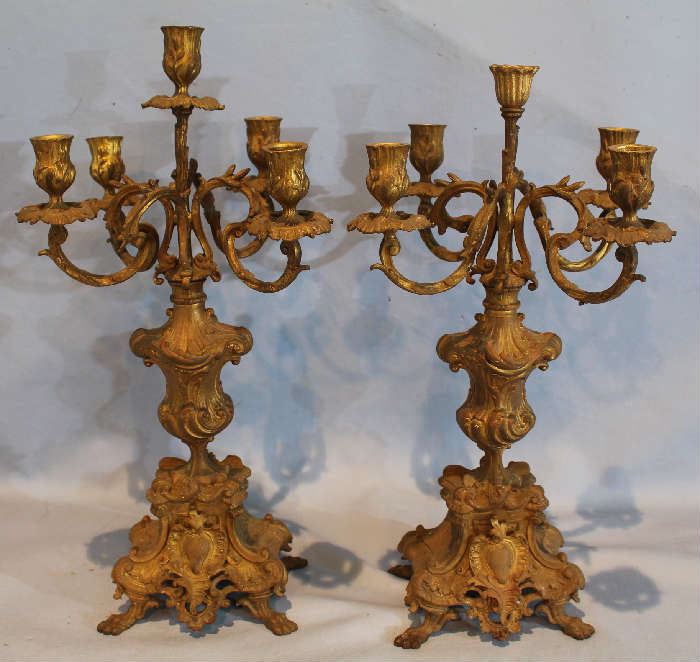 240 - Pair bronze 5 light candelabras, 15 in. T, 10 in. W.