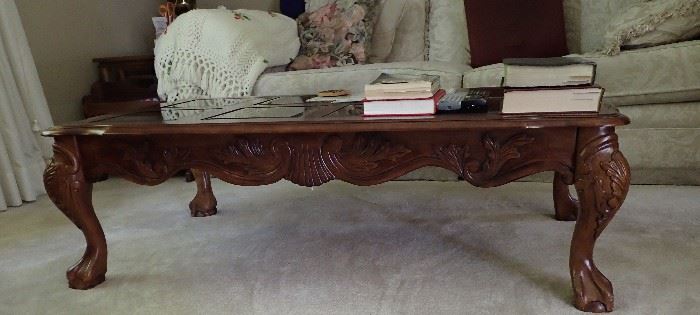 CARVED COFFEE TABLE WITH GLASS TOP