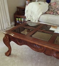 CARVED COFFEE TABLE WITH GLASS TOP