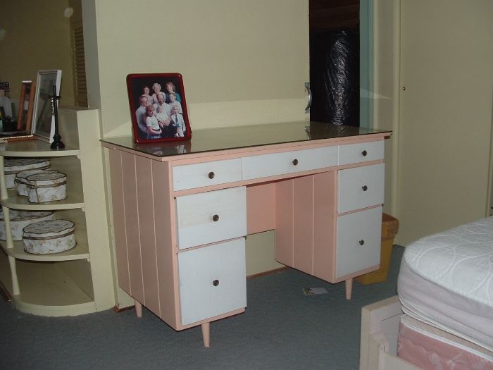 Painted vintage desk with 7 drawers. Has removable glass top. Sold with or without matching chair.