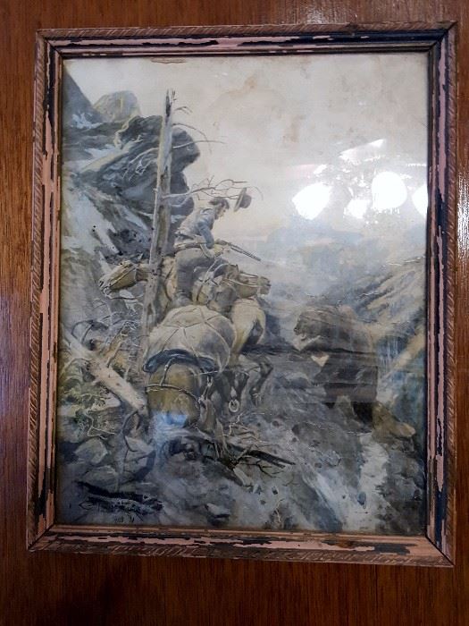 CM Russell 1908 framed vintage print "A Disputed Trail"