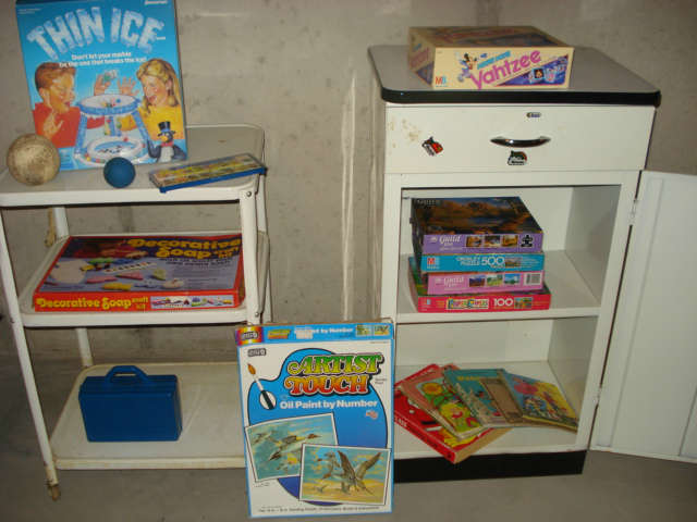 puzzles and games, shelving and cabinets