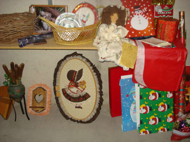 dolls, wrapping paper, decorative plates