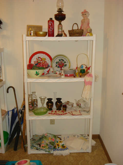 Decorative plates, glassware, vases, kitchen towels, vinyl tablecloths