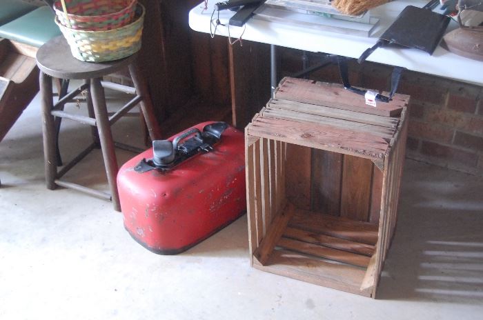wood boxes, boat gas can