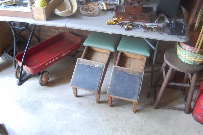 shoe store benches, Radio Flyer wagon