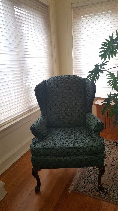One of a Pair of wing back chairs by Ethan Allen