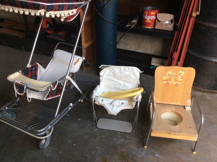 Vintage stroller and potty chairs