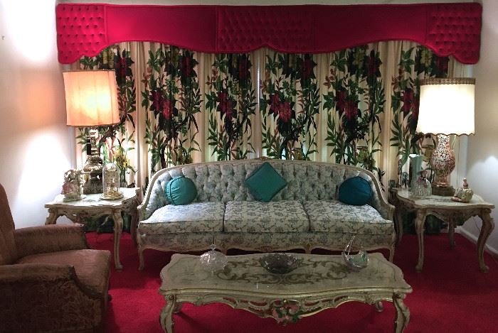1950'S FRENCH STYLE 3 CUSHION SOFA, MATCHING TABLES, LAMPS, CUSTOM DRAPES AND VALENCES 