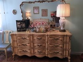 LARGE DRESSER, ASIAN JEWEL BOX, PERFUMES.,LAMP