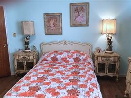 FULL SIZE BED, PAIR MATCHING BEDSIDE TABLES WITH MATCHING LAMPS PAIR OF FRAMED PRINTS, ONE OF THE MANY BED SPREADS...