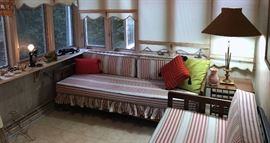 1950'S DAY BEDS, BRASS CATTAIL BRASS LAMP AND 1950'S SIDE TABLE/MAGAZINE RACK