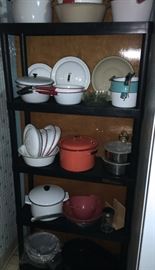 HUGE GROUPING OF ENAMEL COOK WEAR, BASINS, COVERS AND PAILS 