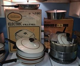NEVER USED ELECTRIC FRY PAN, 2 SETS OF COOK , WEAR, HAMBURGER GRILL, BAKING PANS 